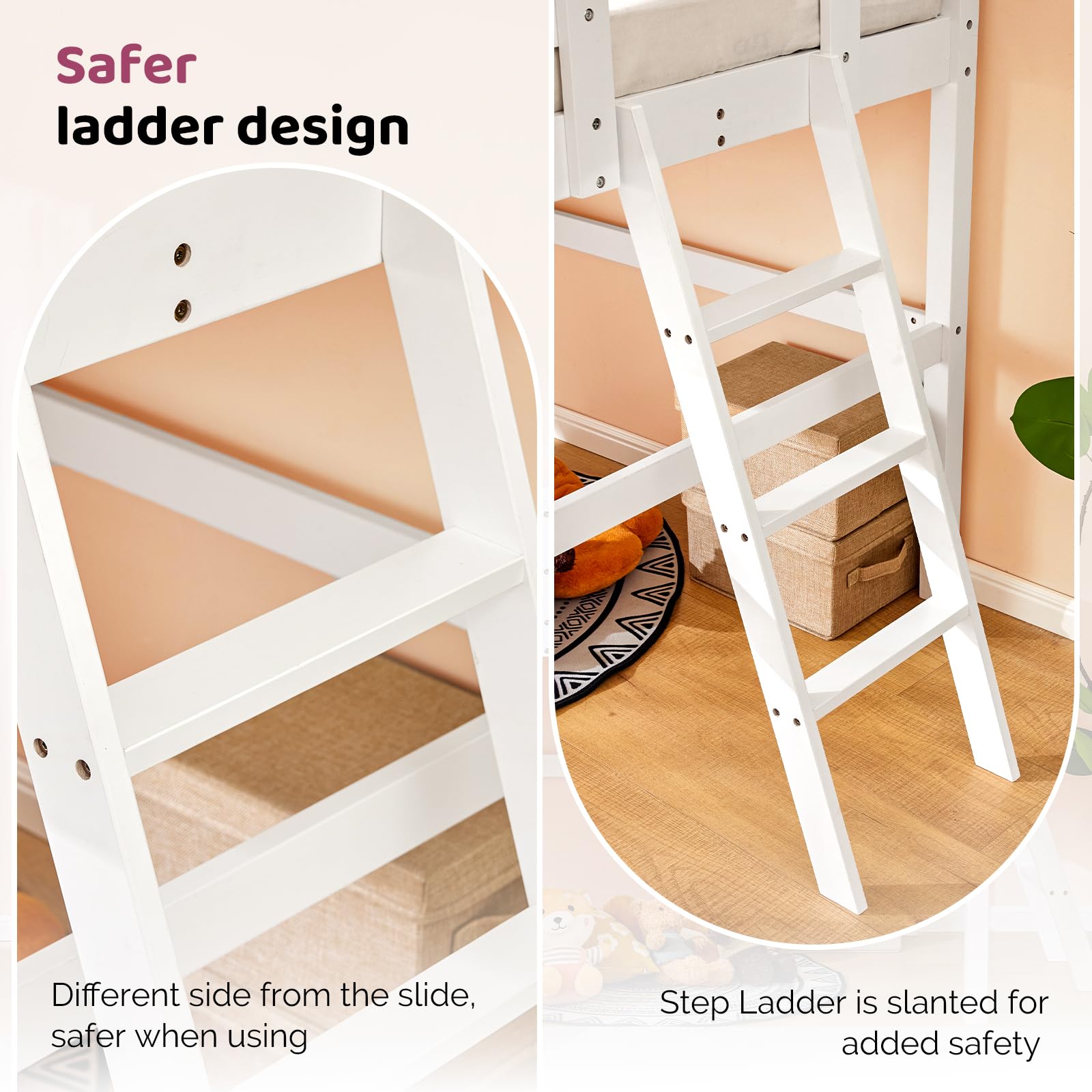 VINGLI Loft Bed with Slide, Twin, Space Saving Kids Low Loft Bed with Guardrail and Ladder, Pine Wood and Sturdy Bed Frame for Boys and Girls, White