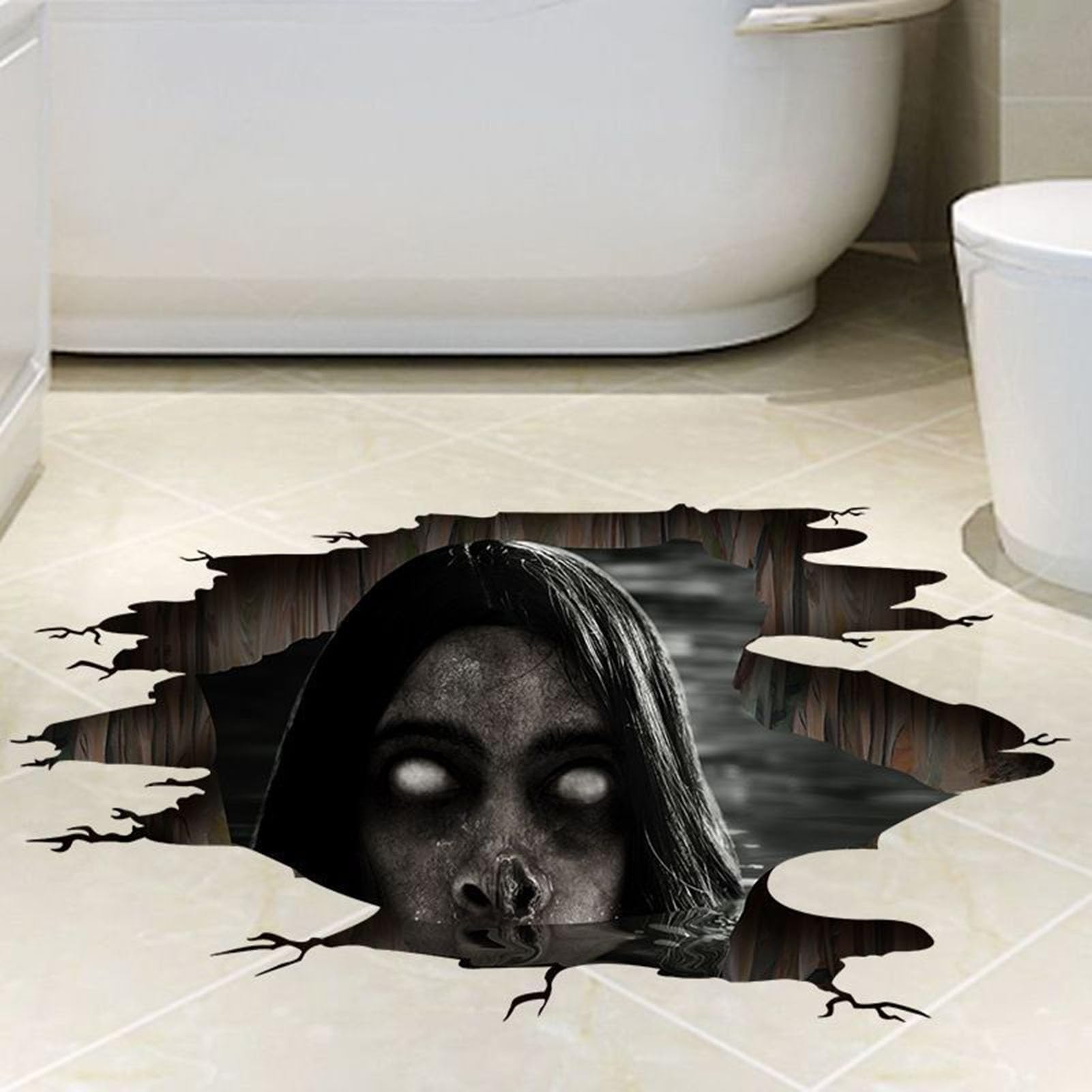 3D Halloween Wall Floor Decals, Scary Blind Woman from Ground Crack Realistic Halloween Stickers Cling, Removable Floor Art for Bedroom Living Room Bar Pub Party Supplier