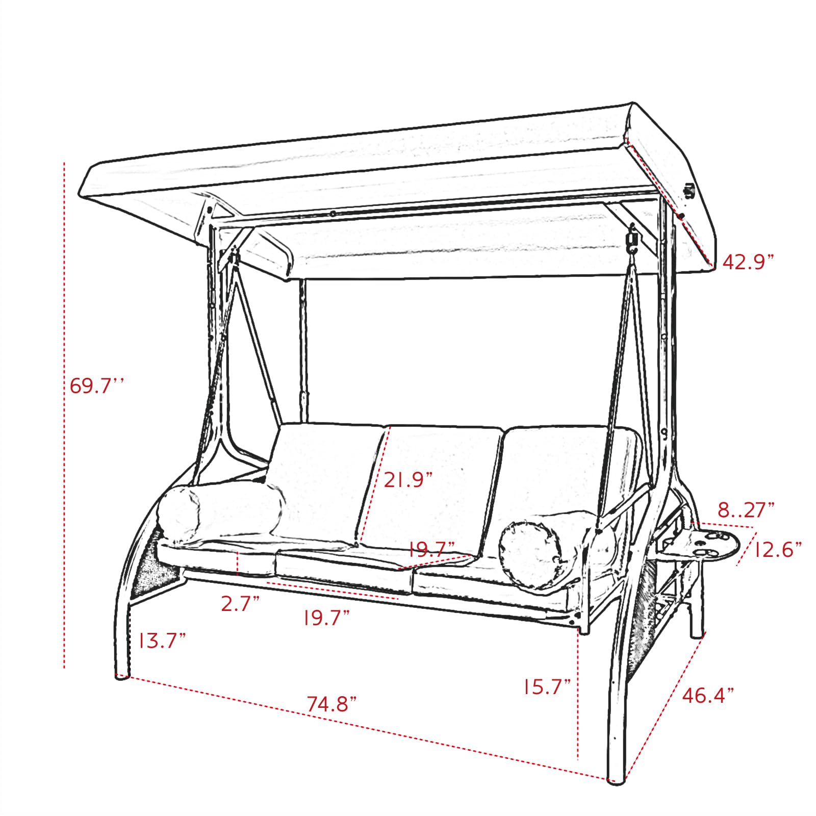 QUYZE 2 in 1 Outdoor Porch Swing, Outdoor Swing with Canopy, 3-seat Porch Swing with Stand Convertible Backrest Swing Bed w/Cup Holders for Front Porch Lawn Cushion and Pillows Included, Wine Red