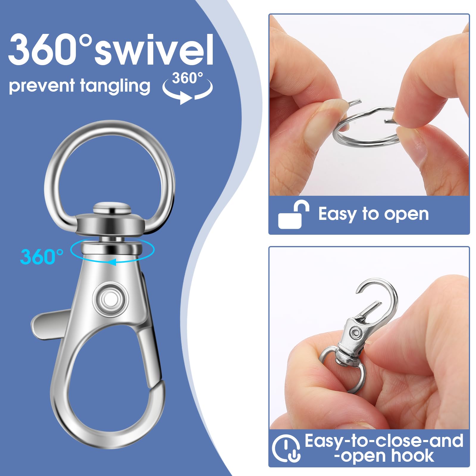 50 PCS in 25 Sets, Metal Swivel Lobster Claw Clasps, Keychain Clip with Large Key Ring, Premium Keychains Clips, Snap Hooks and Sturdy Key Rings, for Key Chain Making Kit，HnoaTovy (Silver)