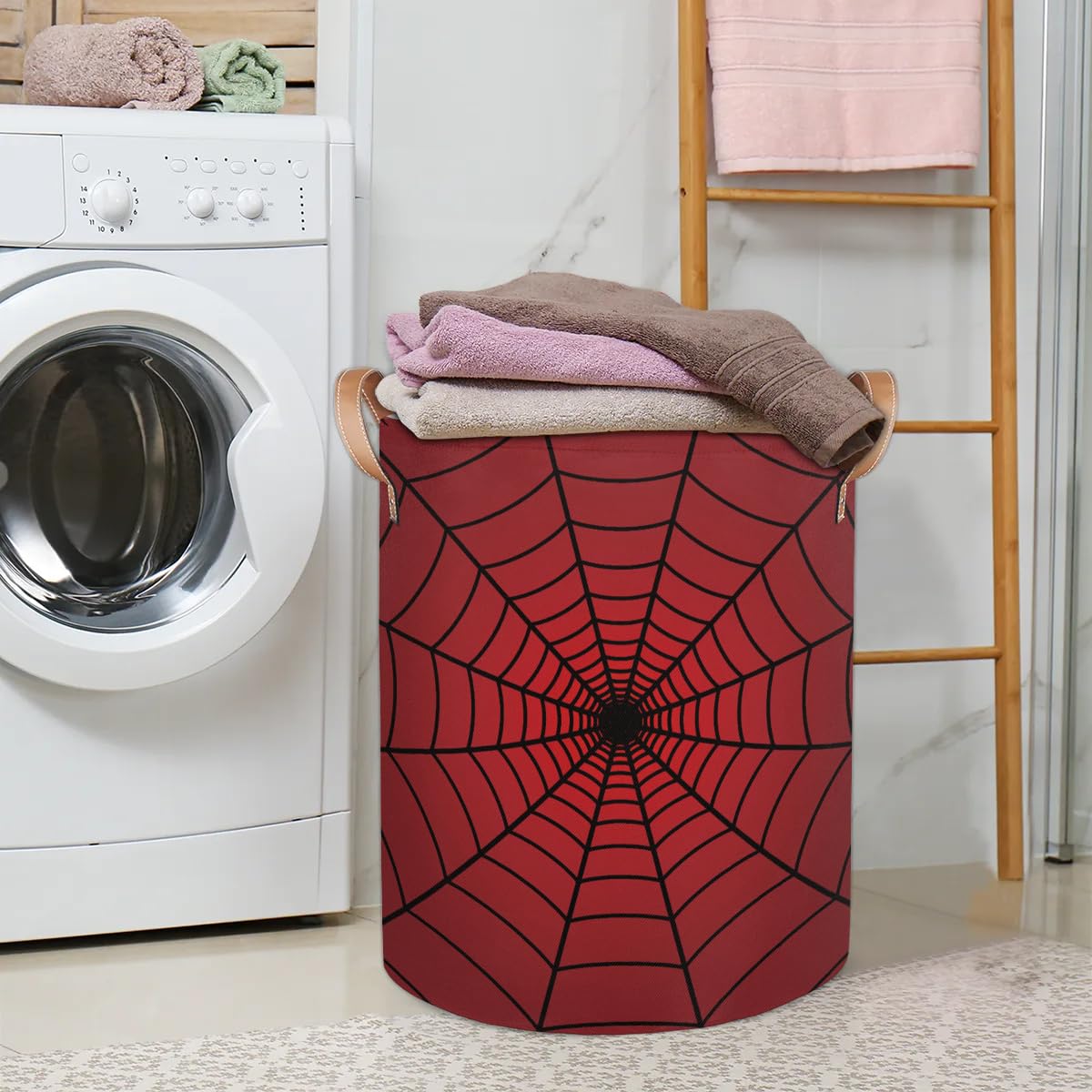 Collapsible Laundry Hamper Basket, Red Spider Web Round Laundry Basket with Leather Handle Storage Organizer Bin for Toys Bin Nursery Home Storage Bedroom Decor