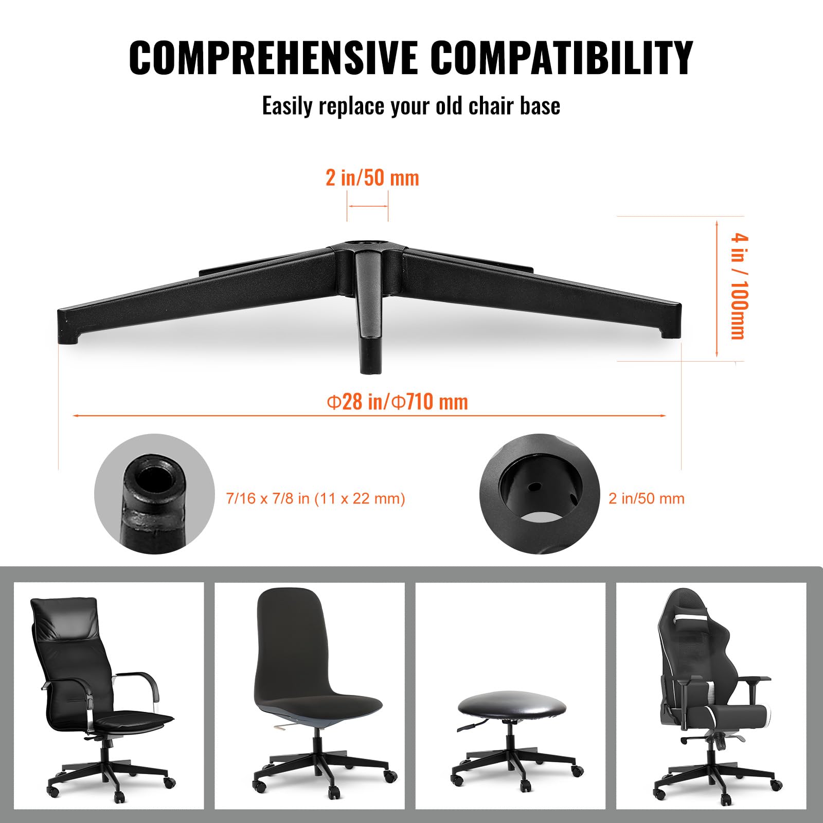 VEVOR Office Chair Base Replacement, 28", 2500 lbs Static Load Capacity, Heavy Duty Universal Computer Desk Chair Stool Base Part with Reinforced Metal Legs, Desk Chair Base Replacement Parts, Black