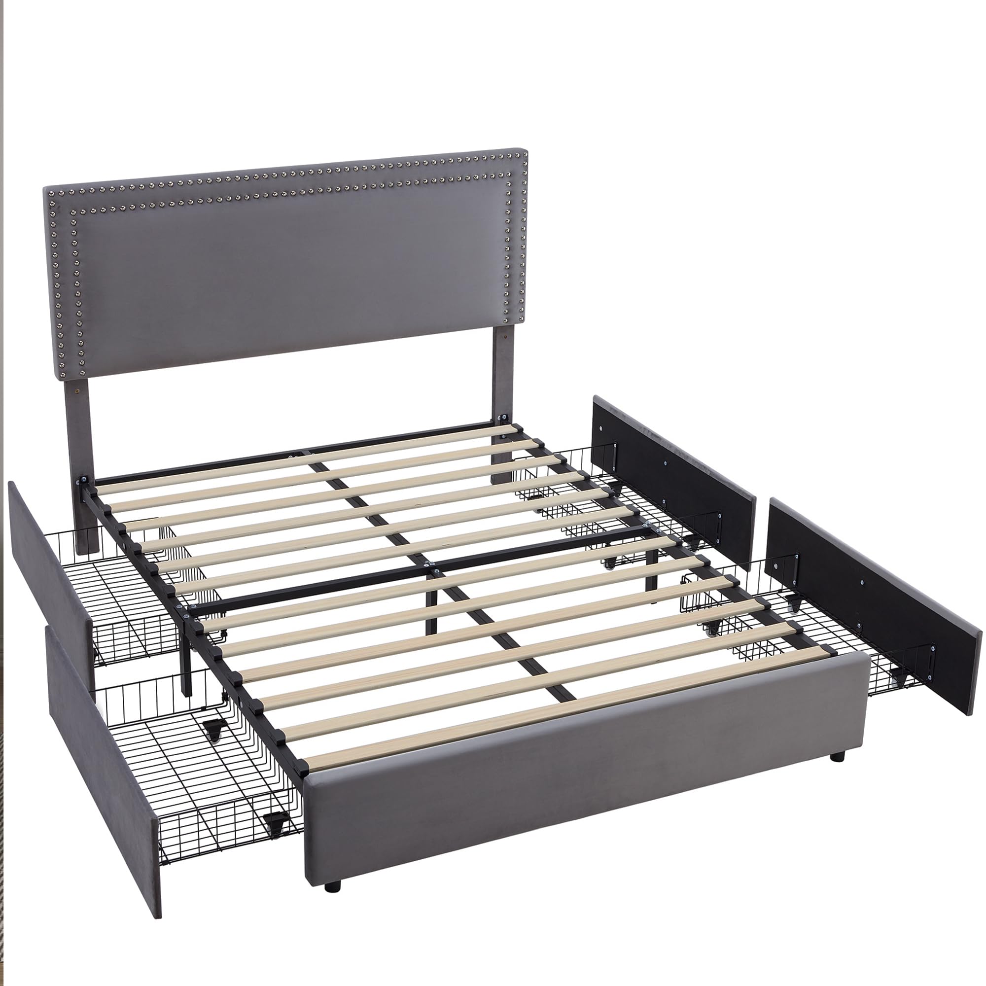 VECELO Queen Size Upholstered Platform Bed Frame with 4 Storage Drawers, Adjustable Velvet Rivets Headboard, Wooden Slats Support, No Box Spring Needed, Easy Assembly