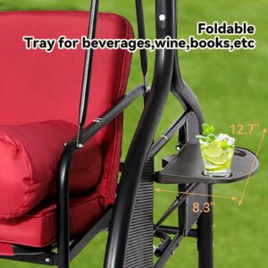 QUYZE 2 in 1 Outdoor Porch Swing, Outdoor Swing with Canopy, 3-seat Porch Swing with Stand Convertible Backrest Swing Bed w/Cup Holders for Front Porch Lawn Cushion and Pillows Included, Wine Red