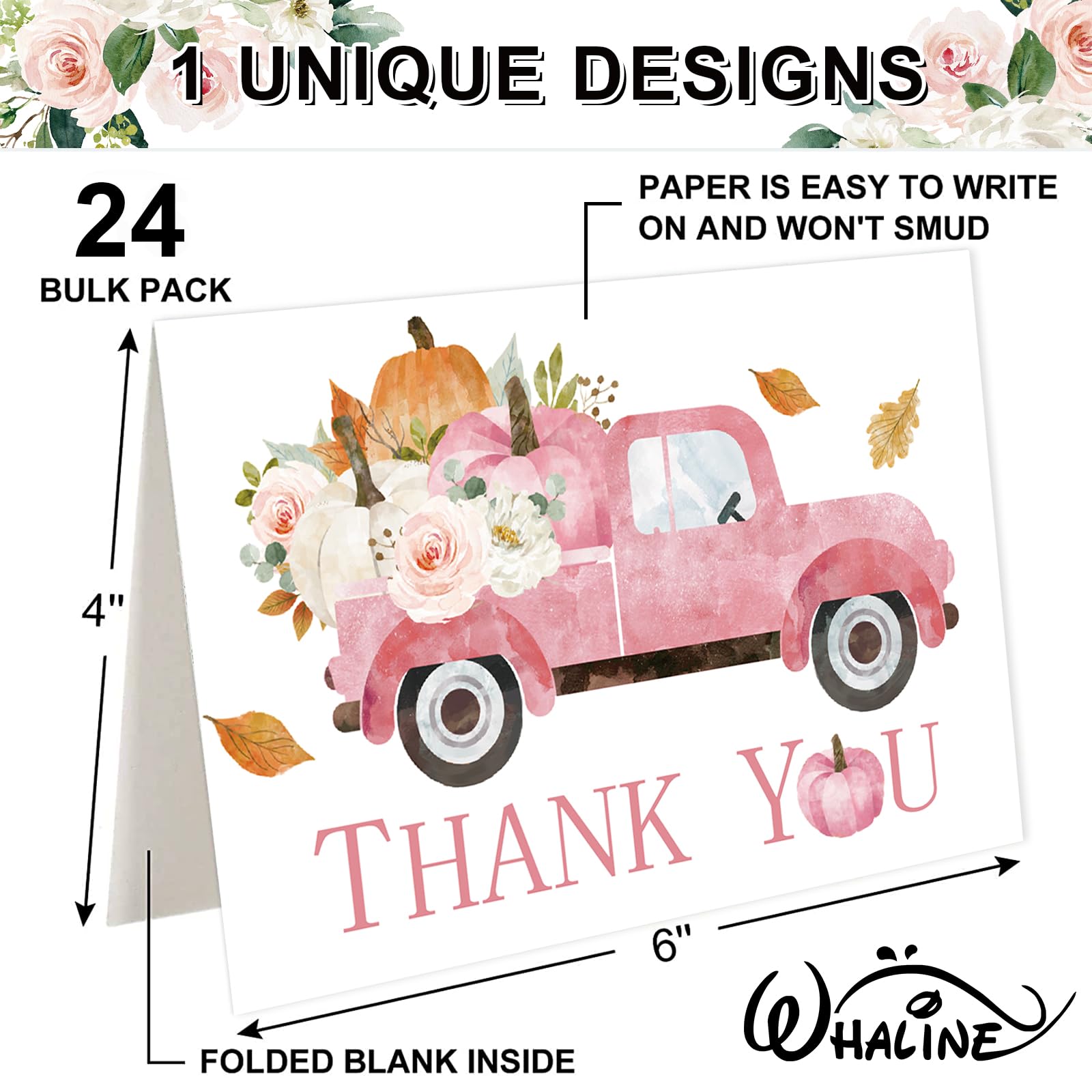 Whaline 24 Pack Fall Thank You Cards Bulk Pink Truck Pumpkin Floral Greeting Cards with Envelopes Stickers Blank Note Cards for Autumn Thanksgiving Wedding Bridal Baby Shower