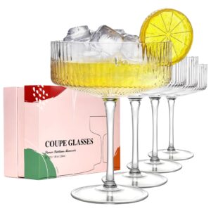 4 pcs coupe glasses, hand blown 10 oz cocktail glasses, ribbed martini glasses, gift boxed drinking glasses set pefect for espresso martini, manhattan, cocktail, wine, champagne