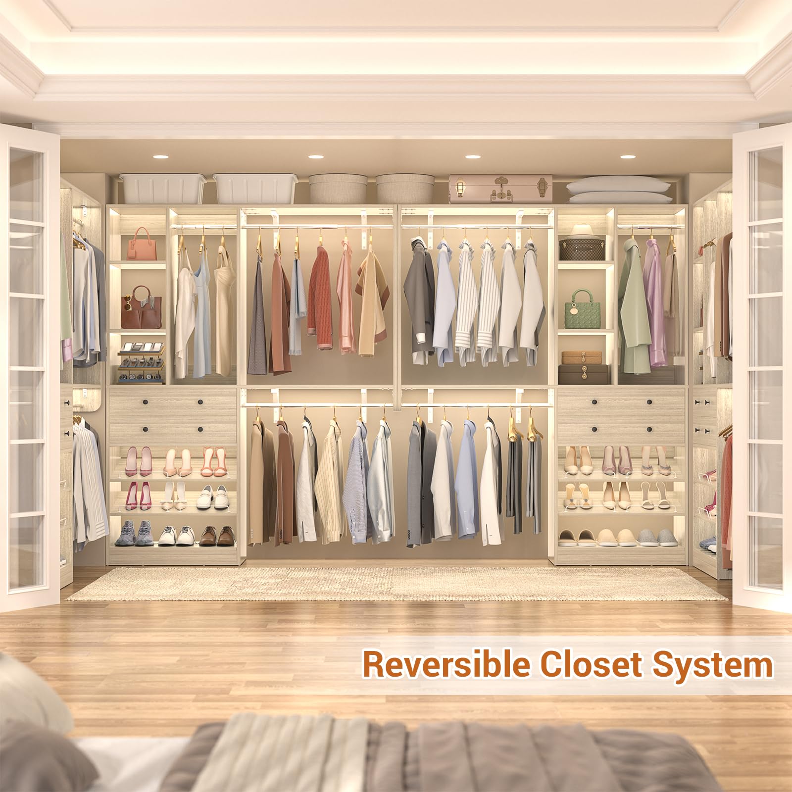 Besiost Closet System - 5FT Small Closet System with Drawers, 60" Closet Organizer System with Reversible Hanging Shelving, Closet Systems for Small/Walk-in Closets, Greige Oak