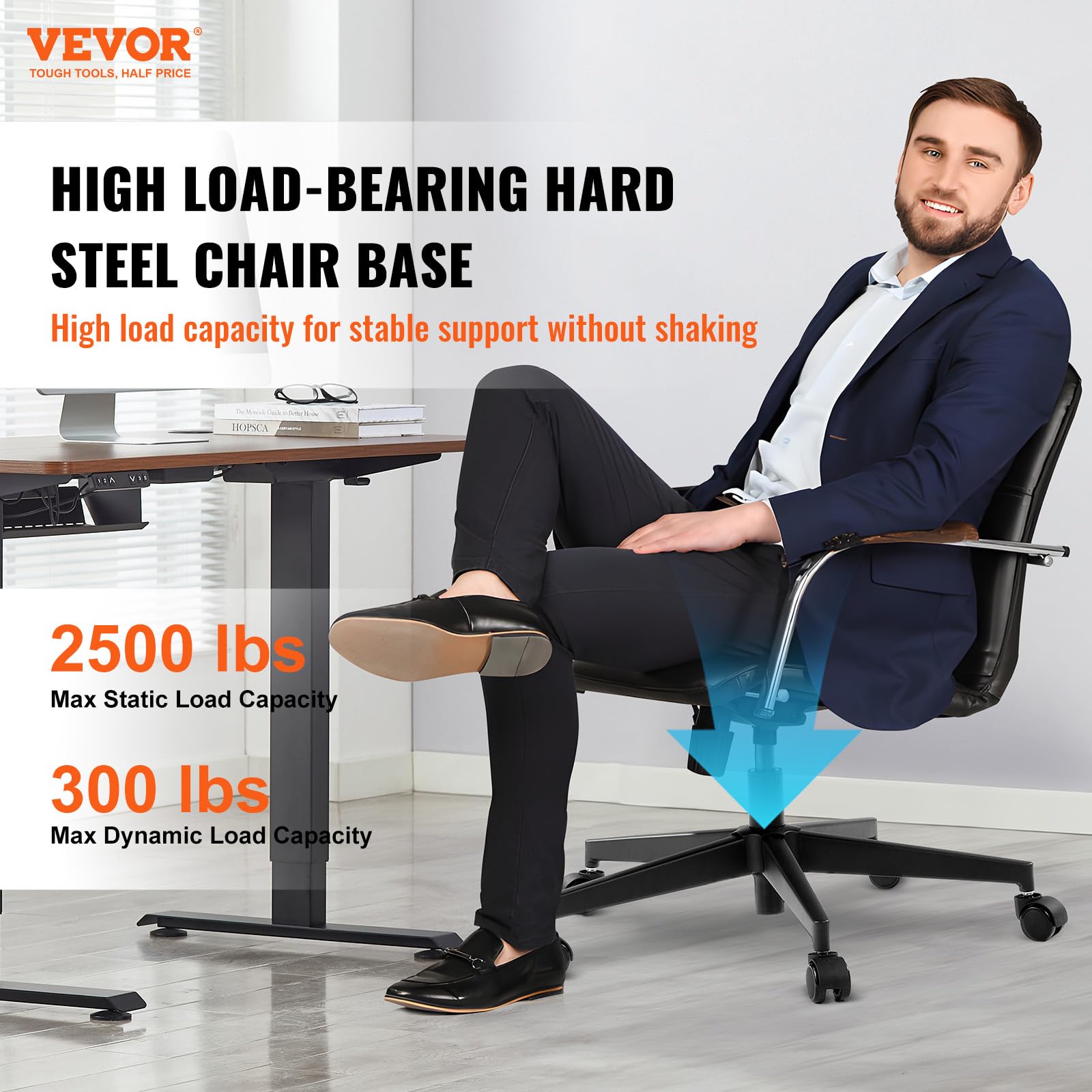 VEVOR Office Chair Base Replacement, 28", 2500 lbs Static Load Capacity, Heavy Duty Universal Computer Desk Chair Stool Base Part with Reinforced Metal Legs, Desk Chair Base Replacement Parts, Black