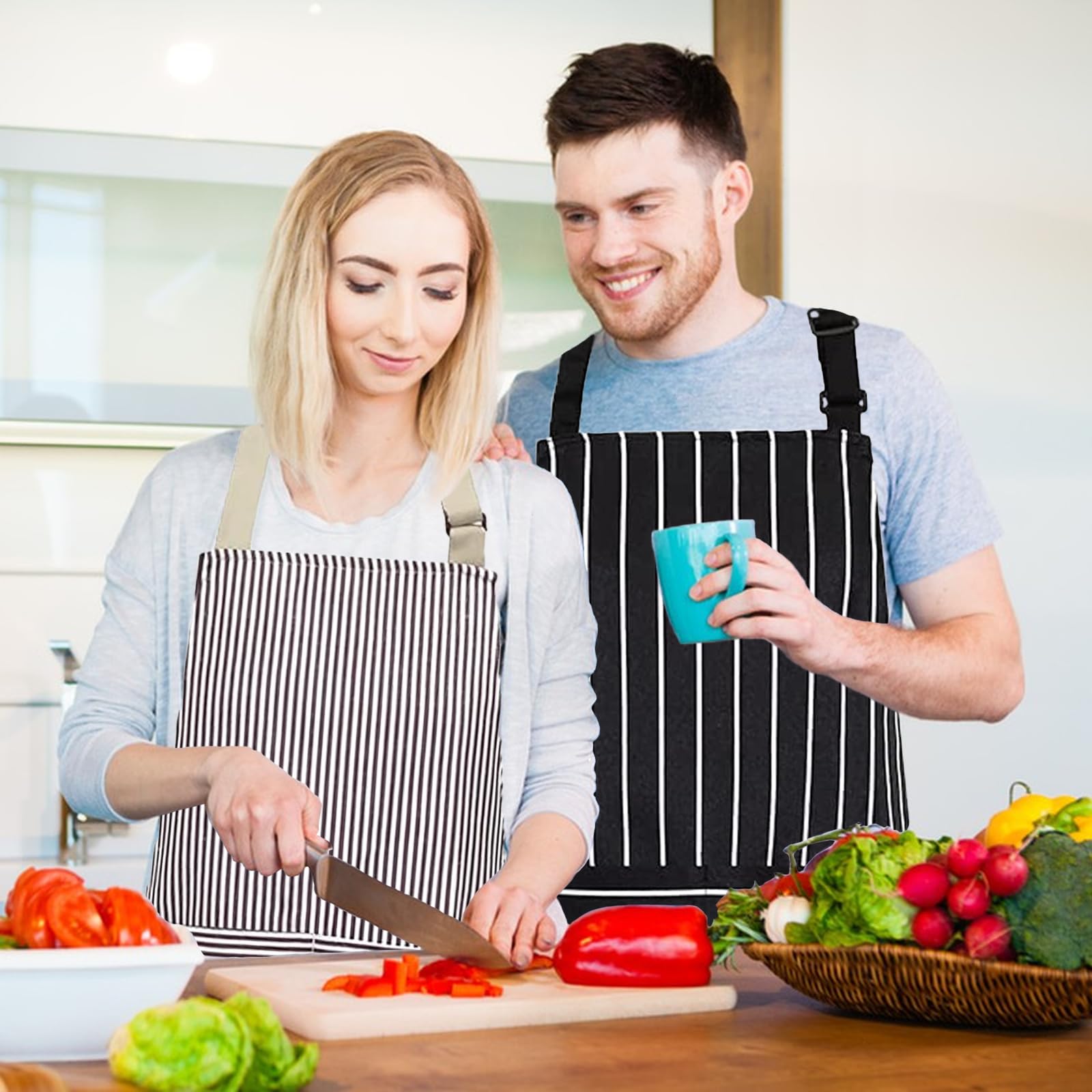 VALOME 2 Pack Kitchen Aprons, Apron for Restaurant with Adjustable Neck Strap, 2 Pockets Chef Aprons for Cooking Baking (Black & Brown)