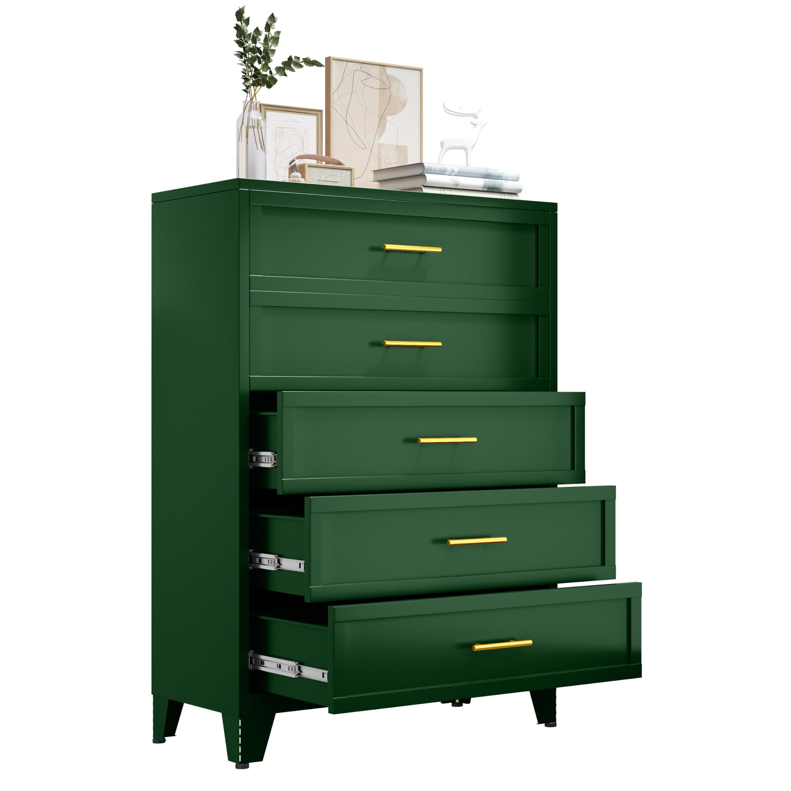 KAIFAM 5 Drawer Dresser, Dressers & Chest of Drawers for Bedroom, Metal Storage Cabinet Organizer with Drawers for Living Room, Hallway, Entryway, Home Office (Dark Green)