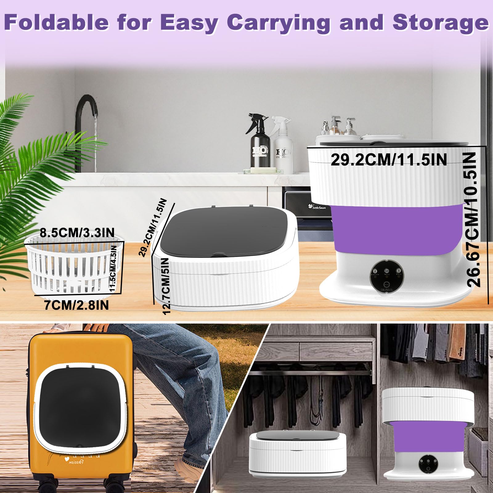 Mini Portable Washing Machine, 13L 60W Small Foldable Washer with Spin Dryer, Collapsible Luandry Washer, Compact Lavadora Portatil for Baby Clothes, Underwear, Travel Camping Apartments Purple