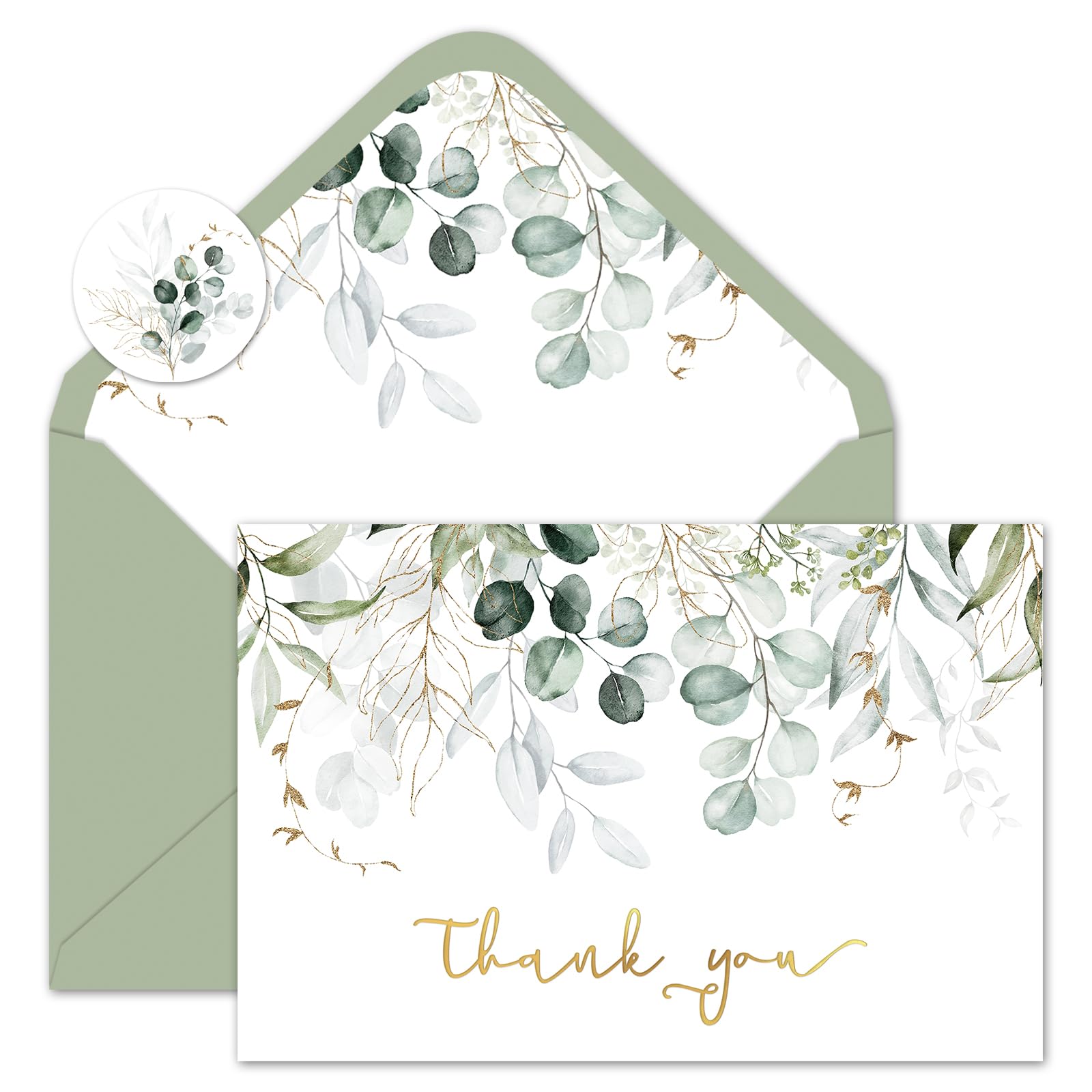 Whaline 24 Pack Greenery Thank You Cards Gold Foil Eucalyptus Leaves Thank You Note Cards with Envelopes Stickers for Spring Wedding Baby Shower