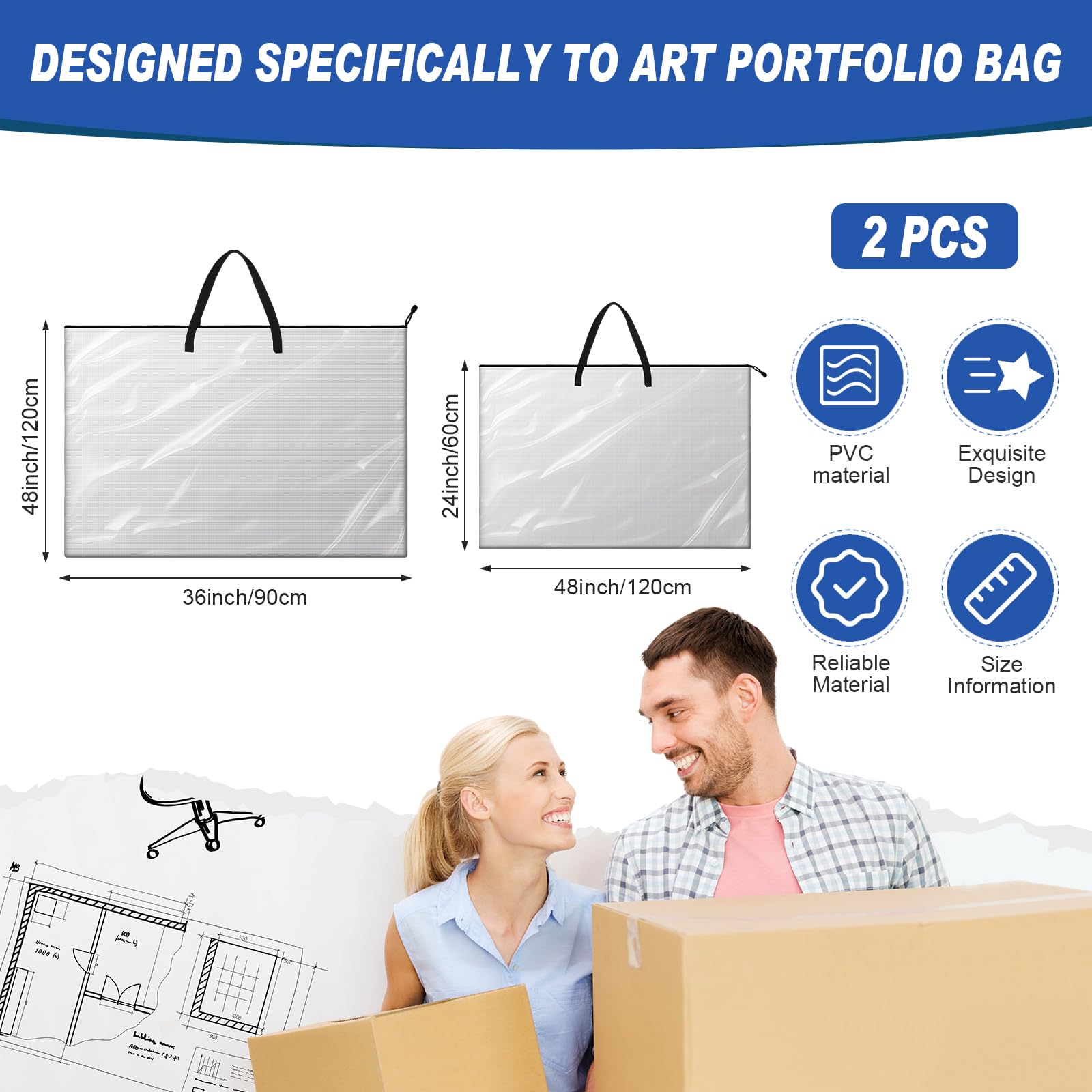 Tenceur 2 Pcs Art Portfolio Case 36 x 48 Inch and 24 x 36 inch Large Poster Storage Bag Portfolio Folder PVC Art Portfolio Container Bulletin Board Storage Box for Poster Scrapbook Keepsake