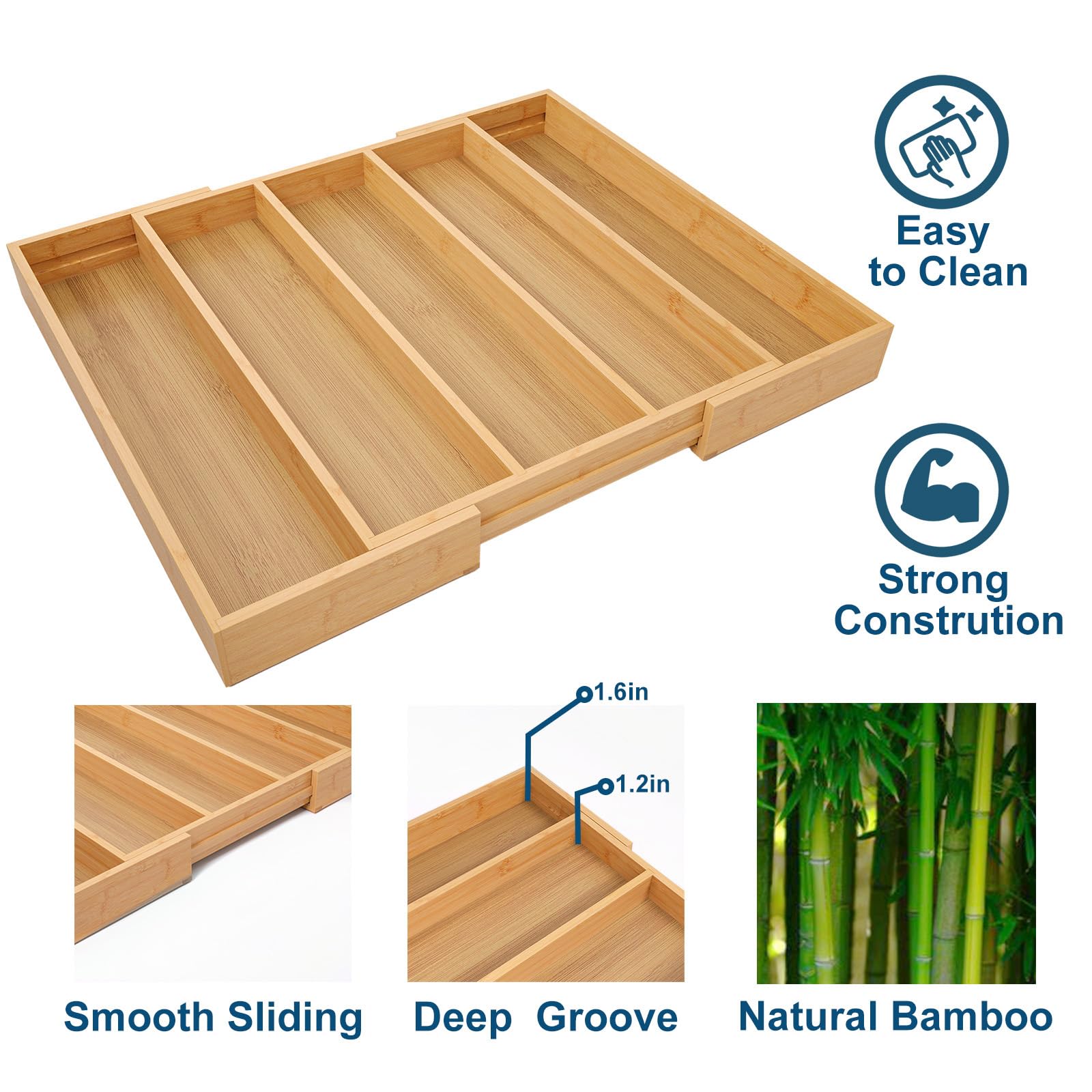 Fibogollo Expandable Kitchen Drawer Organizer,Silverware Organizer, Bamboo Drawer Organizer For Utensils,Adjustable Wood Flatware Tray in Drawer,Kitchen Organizers and Storage