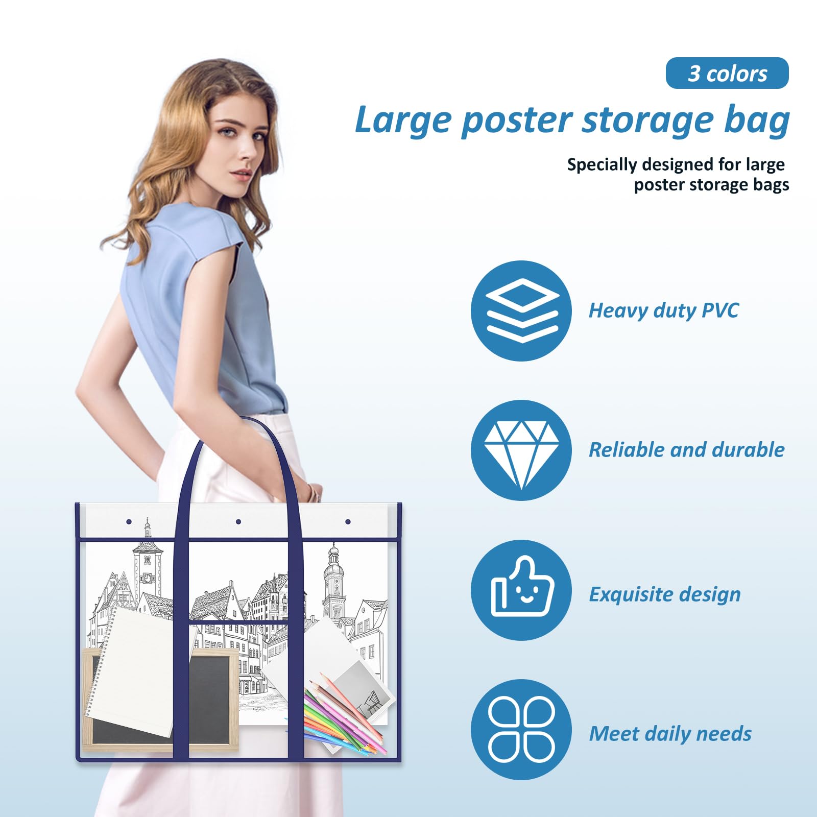 3 Pcs Large Poster Storage Bag 31.5'' x 25.5'' Bulletin Board Holder Art Portfolio Case PVC Art Portfolio Container Bulletin Board Storage Box with Pocket for Teachers Artist Classroom Organization