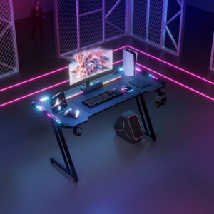 MINOMAC Gaming Desk with LED Lights,47 inch Carbon Fiber Surface RGB Gaming Computer Table, 384 Color Mode with Remote Control, Cup Holder and Headphone Hook - Black (47X24IN)