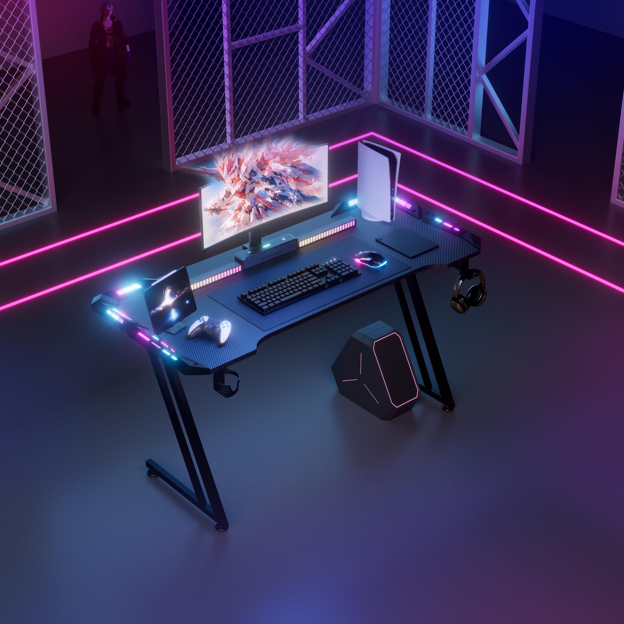 MINOMAC Gaming Desk with LED Lights,47 inch Carbon Fiber Surface RGB Gaming Computer Table, 384 Color Mode with Remote Control, Cup Holder and Headphone Hook - Black (47X24IN)