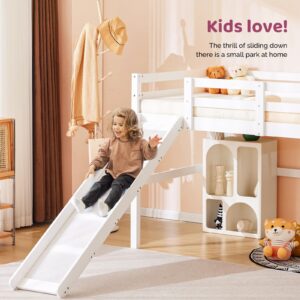 VINGLI Loft Bed with Slide, Twin, Space Saving Kids Low Loft Bed with Guardrail and Ladder, Pine Wood and Sturdy Bed Frame for Boys and Girls, White