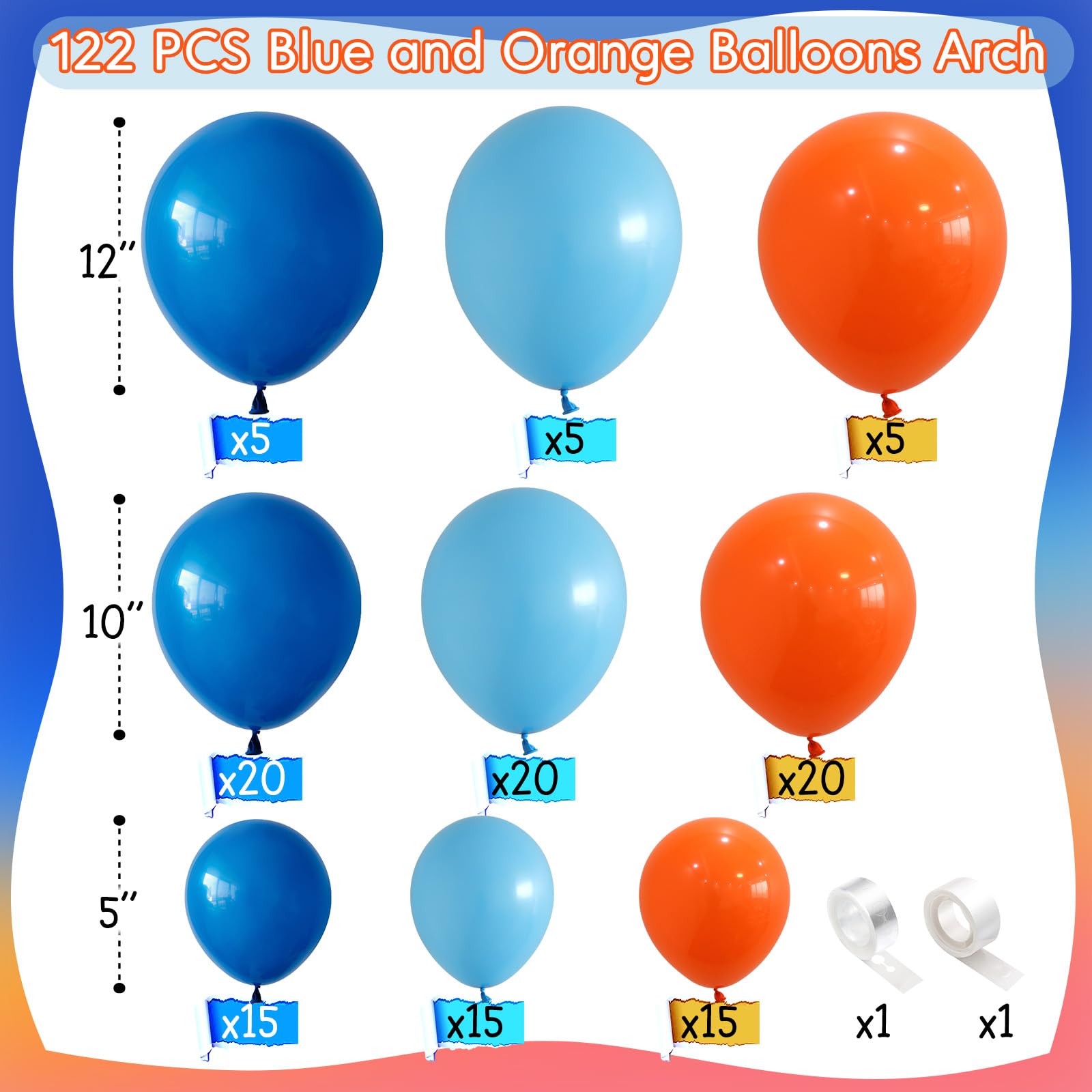 Blue and Orange Balloons Garland Arch Kit, 122 PC Dark Blue and Orange Balloons, Orange Royal Bright Baby Blue Party Balloon for Boy Kids Birthday Baby Shower Gender Reveal Graduation Party Decoration