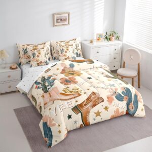 Manfei 7 Pieces Cowboy Comforter Set Full Size, Cowboy Boots Bedding Set for Kids Girls Bedroom Decor, Wild West Cactus Flower Cowgirl 7pcs Bed in a Bag with Comforter, Sheets and Pillow Cases