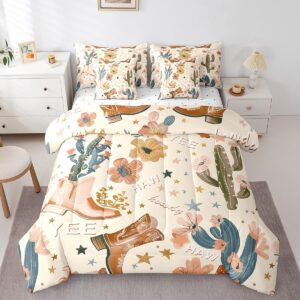 Manfei 7 Pieces Cowboy Comforter Set Full Size, Cowboy Boots Bedding Set for Kids Girls Bedroom Decor, Wild West Cactus Flower Cowgirl 7pcs Bed in a Bag with Comforter, Sheets and Pillow Cases