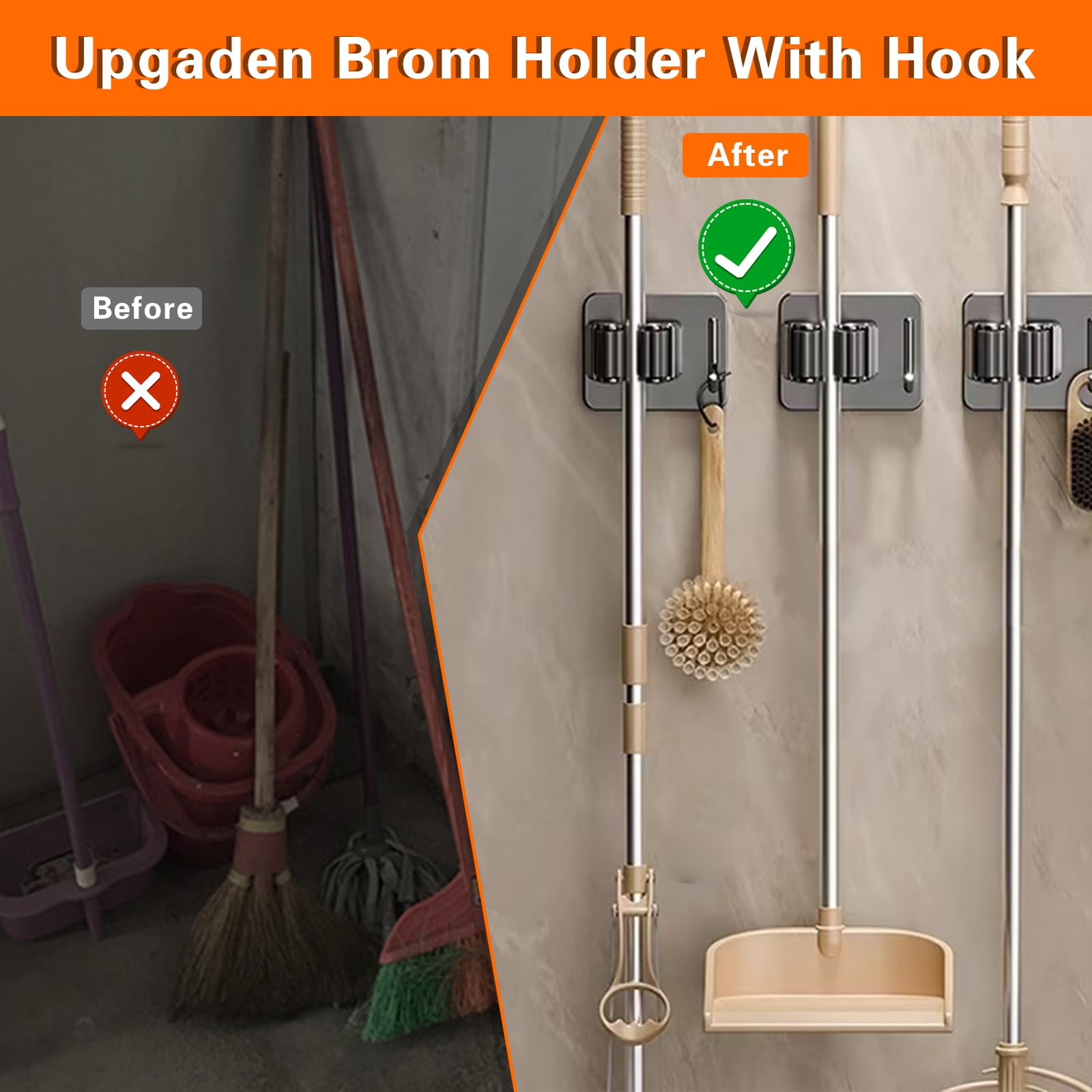 Mop Broom Holder-Self Adhesive Stainless Steel Broom Hanger Organizer for Bathroom, Kitchen, Office，Utility Room，Laundry Room,Home Garden, Garage Storage and Organization Rack(Silver gray-4Psc)