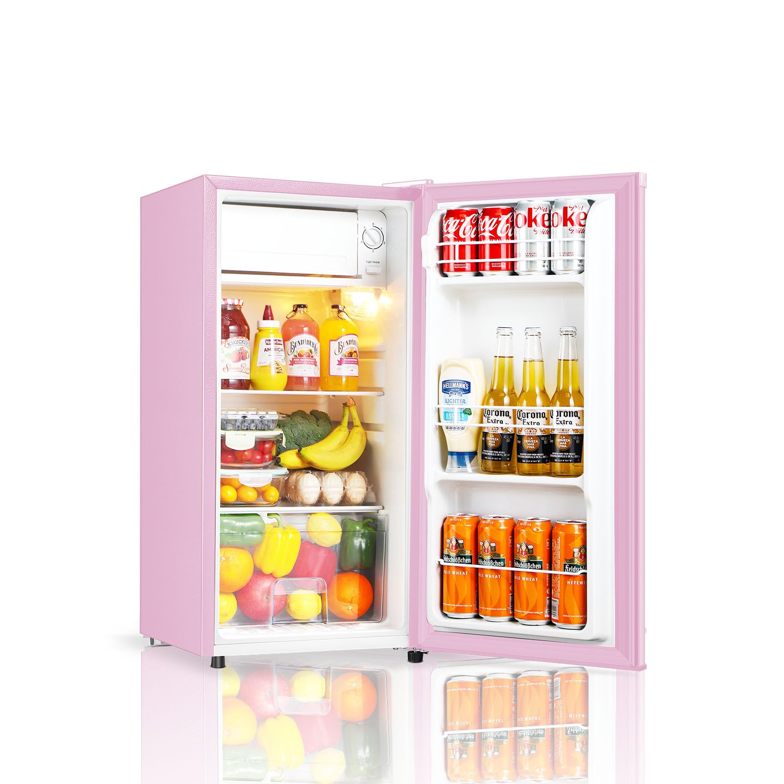 Seaoola Mini Fridge with Freezer, Single Door 3.1 Cu.Ft, Compact Mini Refrigerator, LED Light, Adjustable Thermostat, Removable Glass Shelves, Small Refrigerator for Dorm/Office/Bedroom(Pink)