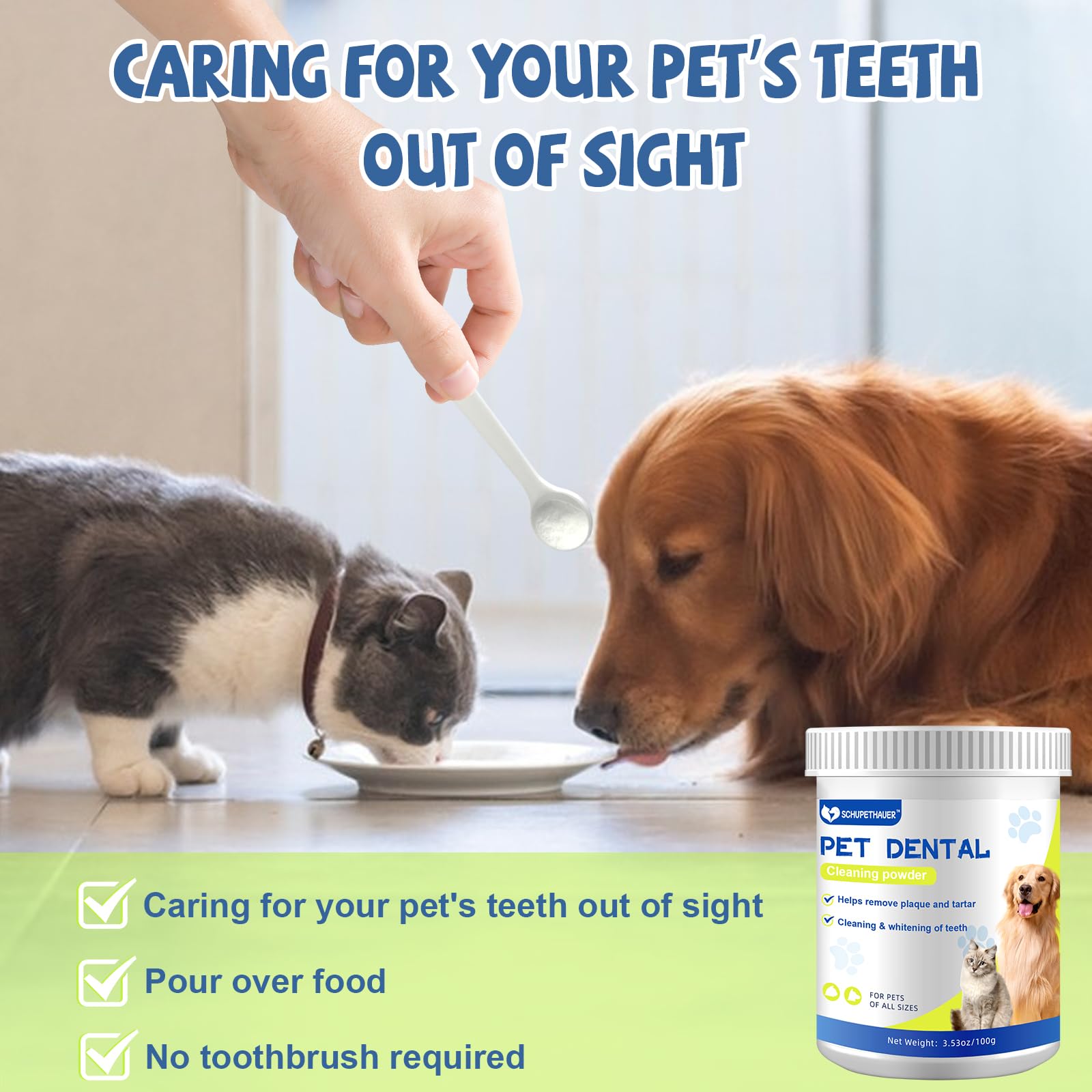 Pet Teeth Cleaning & Dental Care Powder for Dogs& Cats, Removes Plaque, Tarter & Freshens Breath, 50 Scoops (100g/3.53 oz)