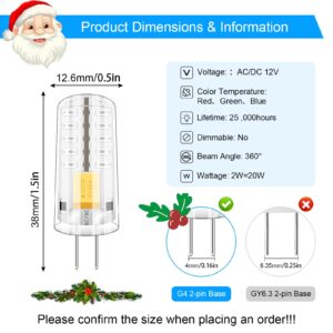 Megereet Red G4 LED Bulb 12V AC/DC 2W 20W Halogen Bulb Equivalent, G4 Bi-Pin Base Spotlight Light Lamps for RGB Landscape Holiday Christmas Decorations Halloween Lighting, 5 Packs