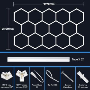 Hexagon Garage Lights: 6500K Cool White 14 Grid Hex Garage Light, 57 Packs LED Light, Super Bright Honeycomb Hexagon Ceiling Llight for Car Detailing Garage Workshop Basement Gym Barber