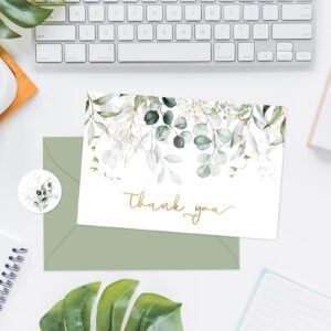 Whaline 24 Pack Greenery Thank You Cards Gold Foil Eucalyptus Leaves Thank You Note Cards with Envelopes Stickers for Spring Wedding Baby Shower