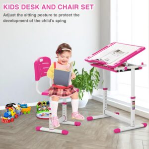 Ruesleag Kids Desk Chair Set,Children’s Study Desk Multi-Func Height Adjustable Desk and Chair School Writing Computer Table w/Pull Out Drawer Storage 45°Tilted Desktop for School Home Boys&Girls,Pink