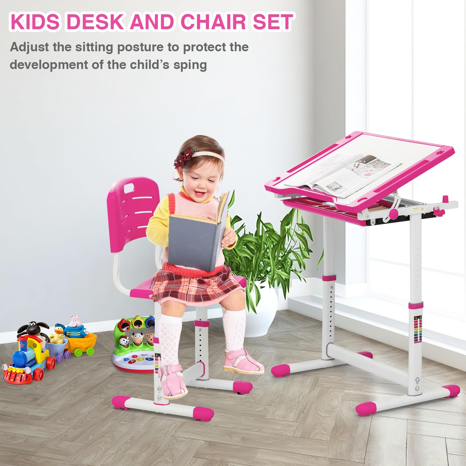 Ruesleag Kids Desk Chair Set,Children’s Study Desk Multi-Func Height Adjustable Desk and Chair School Writing Computer Table w/Pull Out Drawer Storage 45°Tilted Desktop for School Home Boys&Girls,Pink