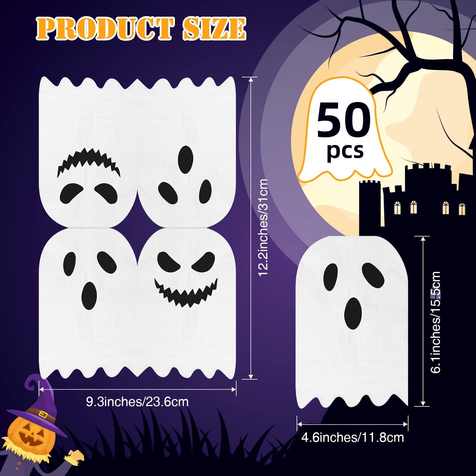 FZR Legend 50 Pack Halloween Party Napkins Ghost Paper Napkins, Halloween Cocktail Napkins Disposable Napkins for Halloween Party Supplies Decorations