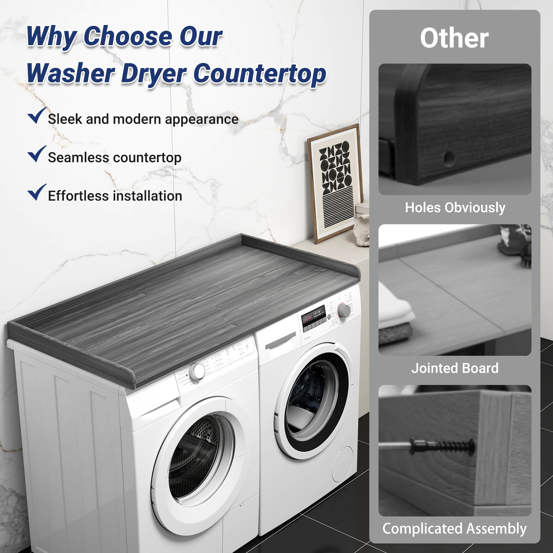 Neoaider Washer Dryer Countertop 54" L x 27.5" W, Laundry Countertop with 2" Safety Edge Rails, Seamless Laundry Topper for Washer and Dryer Suitable for Laundry Room Organization-Gray