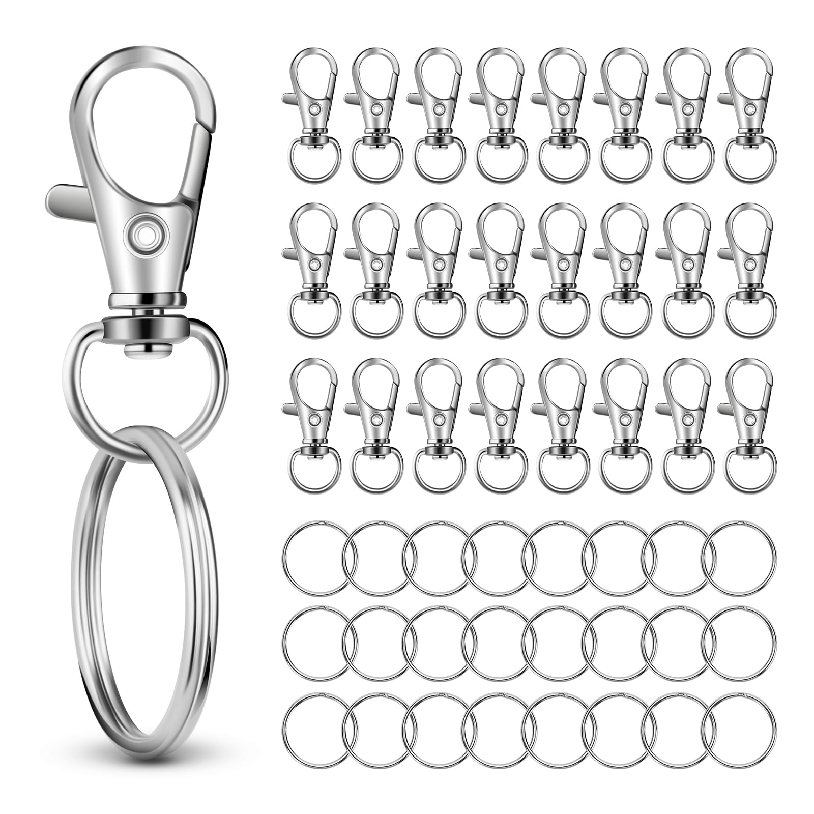 50 PCS in 25 Sets, Metal Swivel Lobster Claw Clasps, Keychain Clip with Large Key Ring, Premium Keychains Clips, Snap Hooks and Sturdy Key Rings, for Key Chain Making Kit，HnoaTovy (Silver)