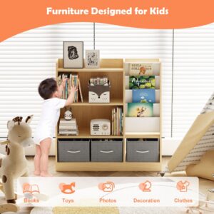 Kid Sling Bookshelf with 3 Storage Bin Drawers Baby Nursery Book Shelf Wood Book Display Shelf Toddler Toy Box Organizer Child Bookcase Montessori Book Rack Cabinet Boy Girl Kid Room Playroom Bedroom