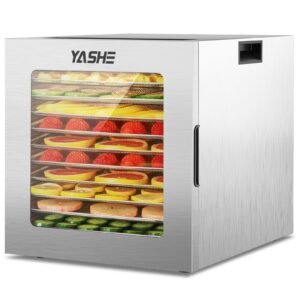 yashe food dehydrator machine, 10 stainless steel food dryer, 10 presets, 48h timer and temperature control, 850w dehydrators for food and jerky, herbs, meat, fruit, dog treats, recipes book included