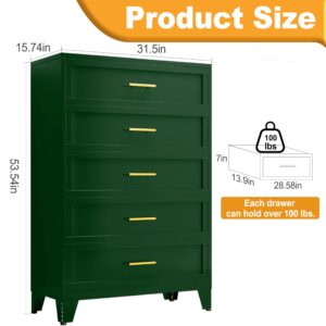 KAIFAM 5 Drawer Dresser, Dressers & Chest of Drawers for Bedroom, Metal Storage Cabinet Organizer with Drawers for Living Room, Hallway, Entryway, Home Office (Dark Green)