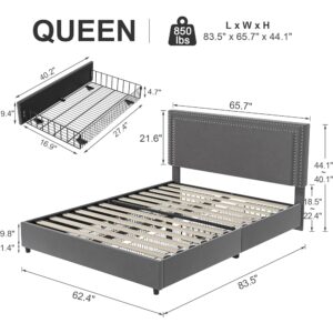 VECELO Queen Size Upholstered Platform Bed Frame with 4 Storage Drawers, Adjustable Velvet Rivets Headboard, Wooden Slats Support, No Box Spring Needed, Easy Assembly