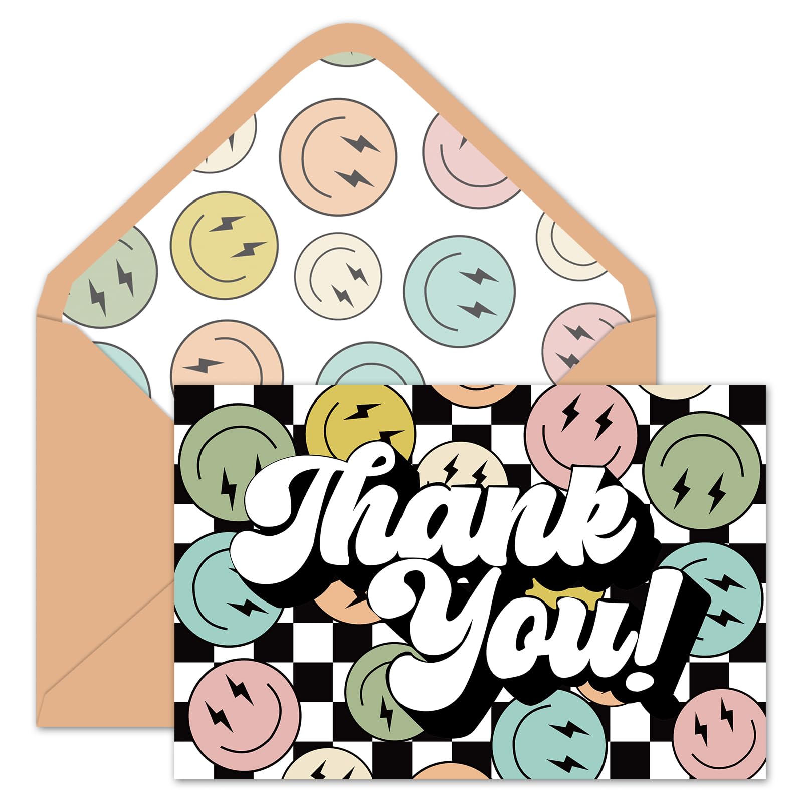 Whaline 24 Pack Groovy Thank You Cards Checkerboard Smile Face Thank You Note Cards with Envelopes Stickers for Baby Shower Birthday