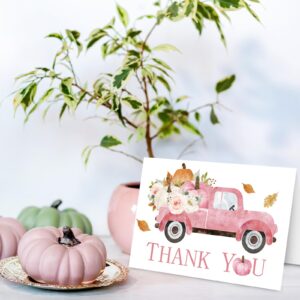 Whaline 24 Pack Fall Thank You Cards Bulk Pink Truck Pumpkin Floral Greeting Cards with Envelopes Stickers Blank Note Cards for Autumn Thanksgiving Wedding Bridal Baby Shower