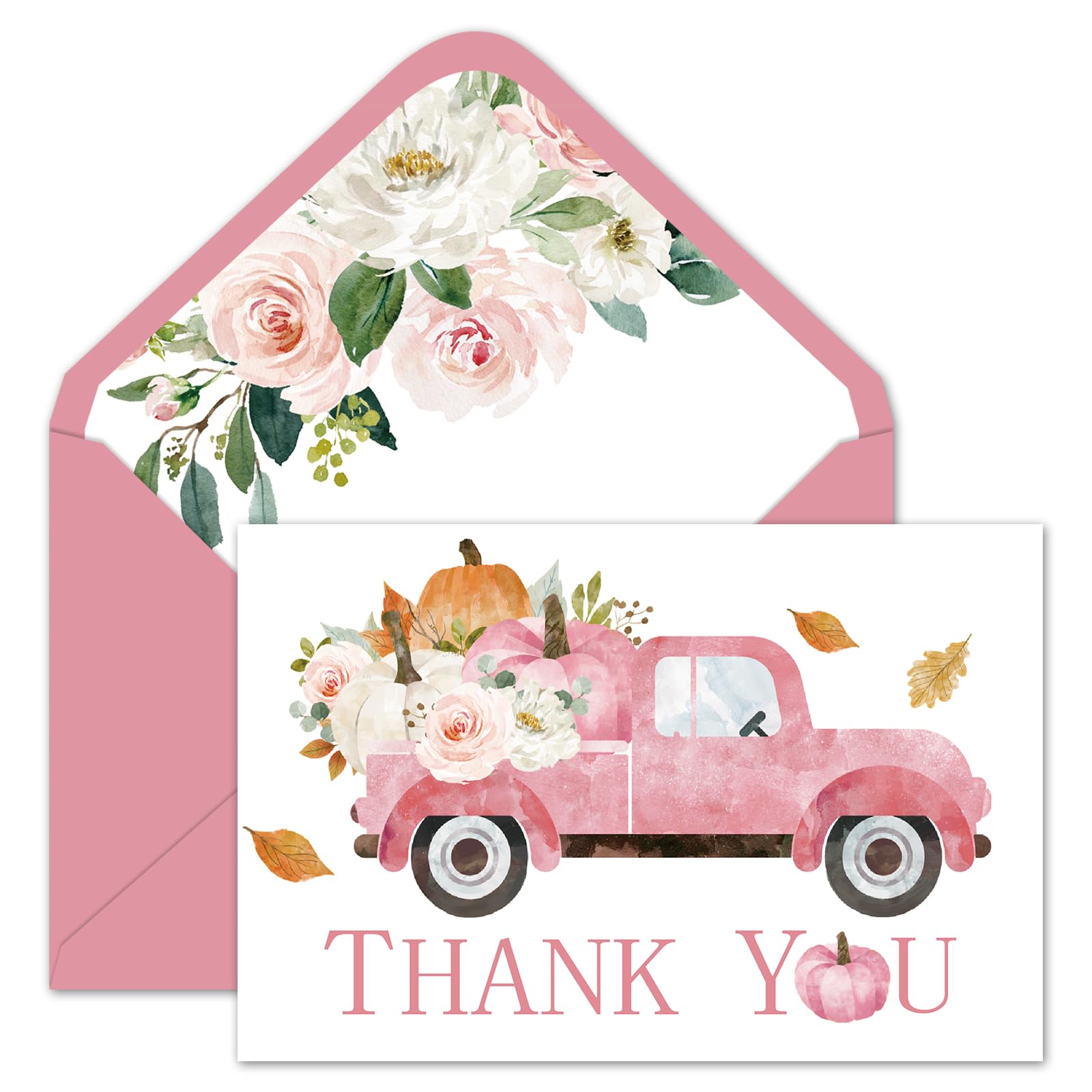 Whaline 24 Pack Fall Thank You Cards Bulk Pink Truck Pumpkin Floral Greeting Cards with Envelopes Stickers Blank Note Cards for Autumn Thanksgiving Wedding Bridal Baby Shower