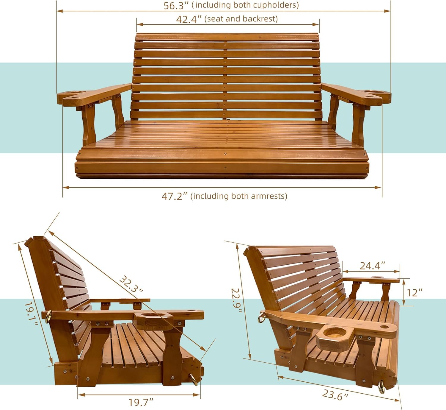 Wooden Porch Swing 2-Seater, Bench Swing with Cupholders, Hanging Chains and 7mm Springs, Heavy Duty 880 LBS, for Outdoor Patio Garden (Teak Tone, 4 FT Extra Large)