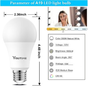 Youtime 3500K LED Light Bulbs A19 100 Watt Equivalent (Not Dimmable), Natural White, 1600 Lumens, E26 LED Bulbs 15W, Energy Saving Light Bulb for Living Room (4 Pack)