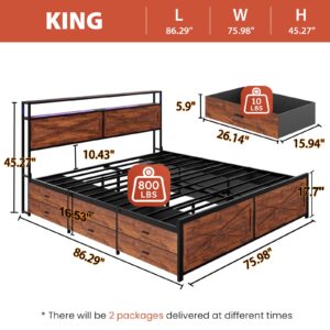 Kiivakii King Size Bed Frame with 12 Storage Drawers, LED Headboard with Charging Station, Metal Platform Bed Frames, No Box Spring Needed, Noise Free, Stable and Solid, Brown