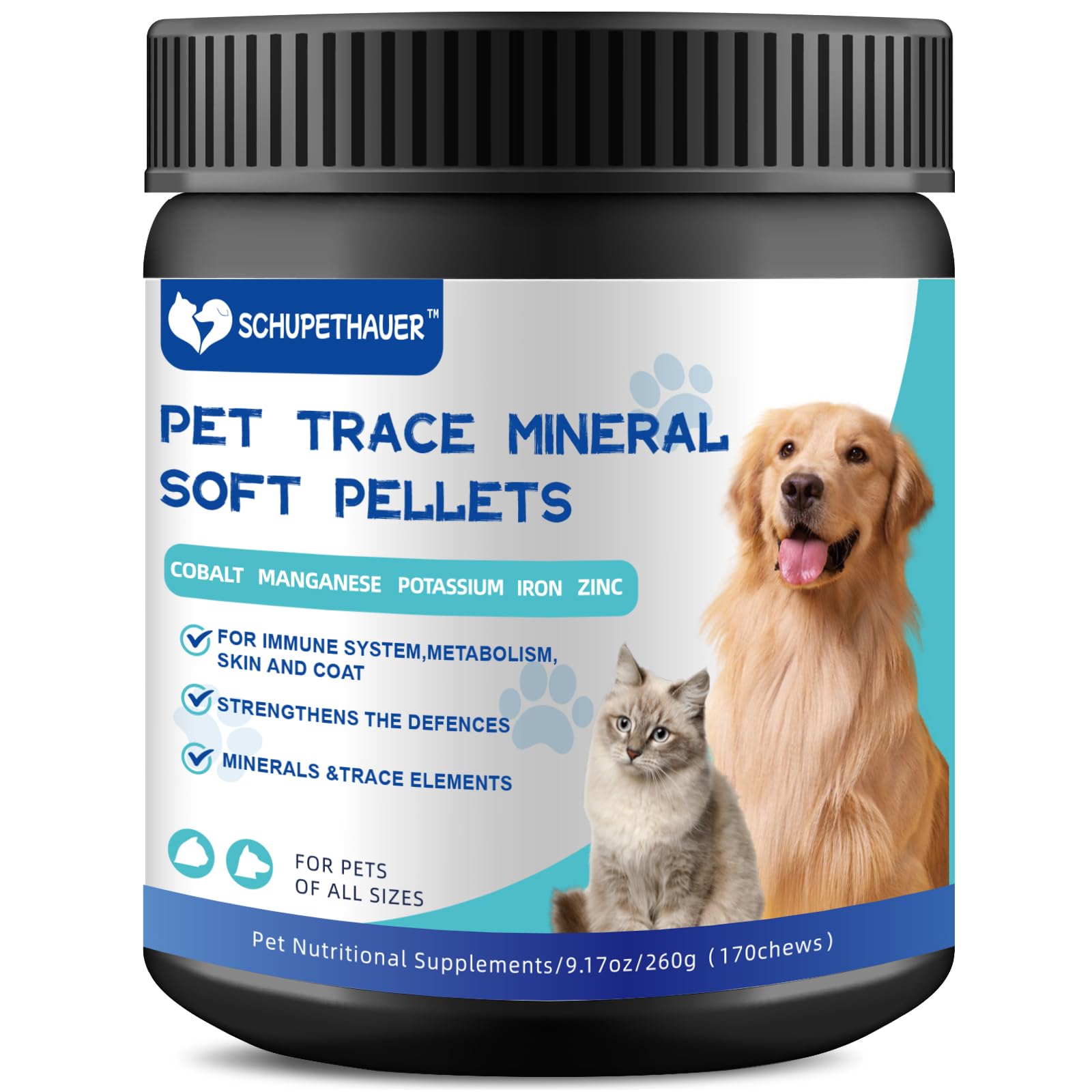 Pet Nutritional Supplement Trace Minerals Soft Chews for Dogs& Cats of All Ages, Cobalt, Manganese, Potassium, Iron, Zinc, for Immune System, Metabolism, Skin and Coat, 9.17oz/260g (170 Chews)