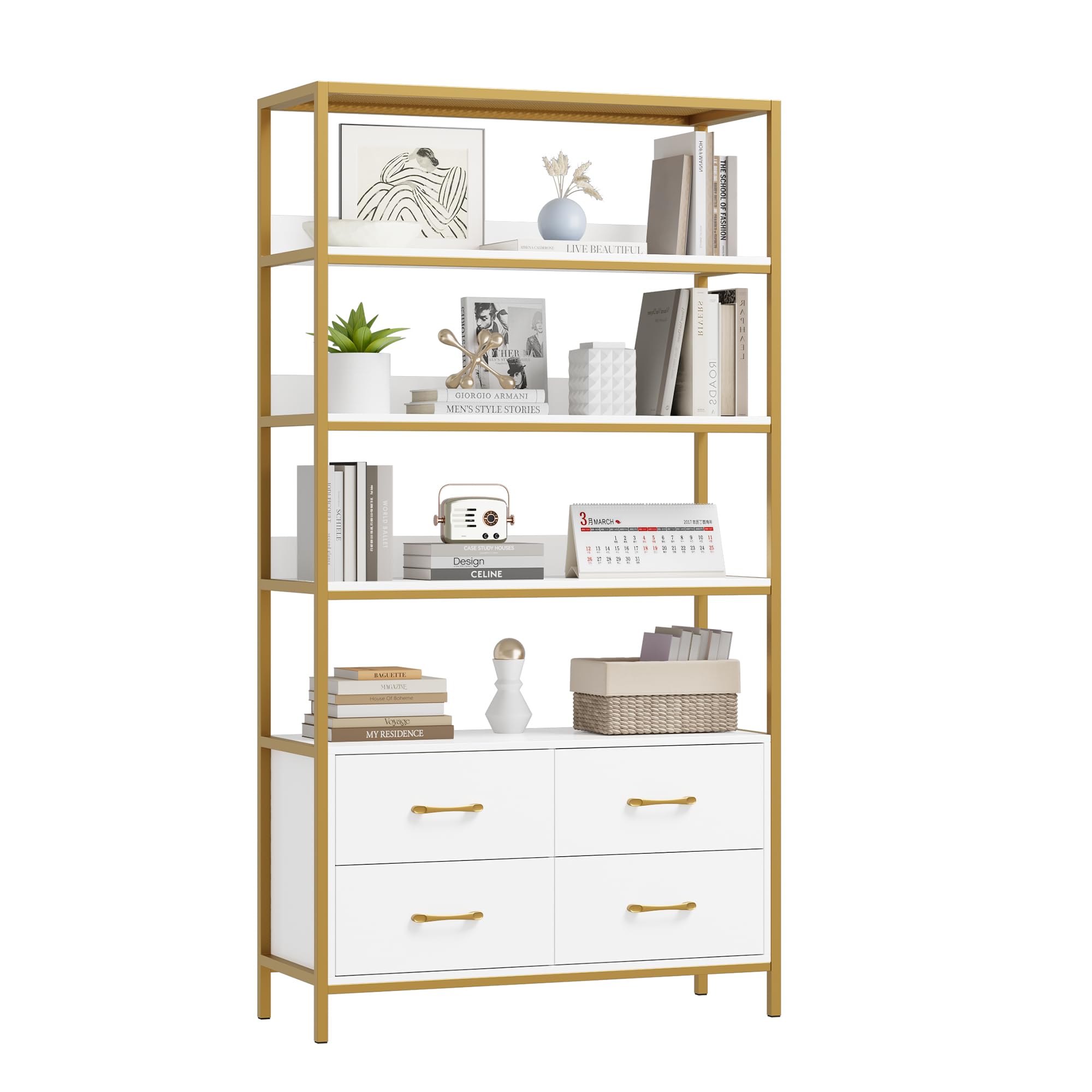 HITHOS 5 Tier Bookshelf with Drawers, 71" Tall Bookcase with Shelves, 35.4" Wide Free Standing Book Storage Shelf, Modern Wood Display Cabinet for Living Room, Study, Home Office, White Gold