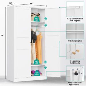 Metal Wardrobe Cabinet with Hanging Rod,White Armoire Wardrobe Closet,Metal Clothing Storage Cabinet with Adjustable Shelves and Doors,72" Wardrobe Storage Cabinet for Home,Living/Laundry Room