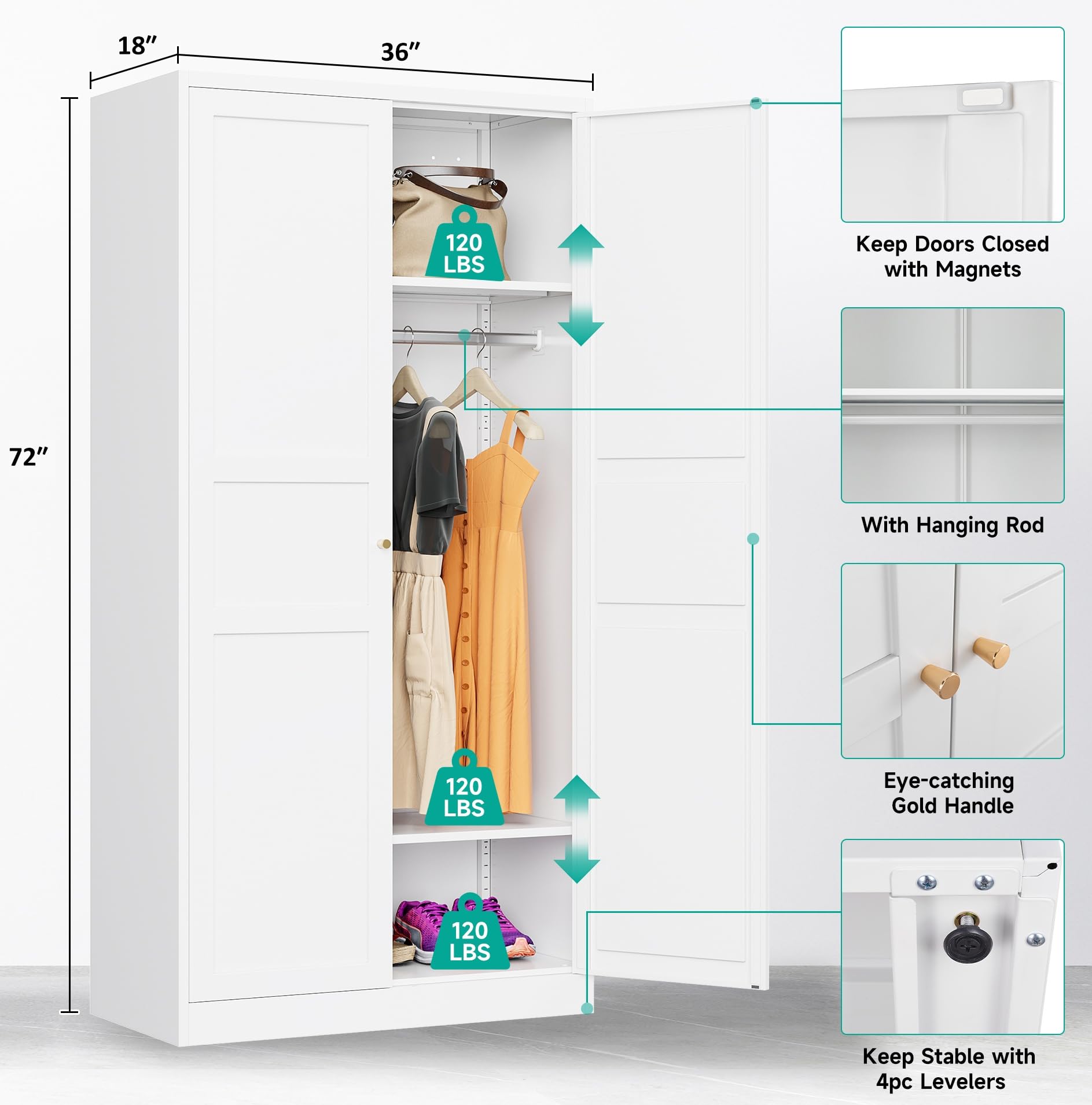 Metal Wardrobe Cabinet with Hanging Rod,White Armoire Wardrobe Closet,Metal Clothing Storage Cabinet with Adjustable Shelves and Doors,72" Wardrobe Storage Cabinet for Home,Living/Laundry Room